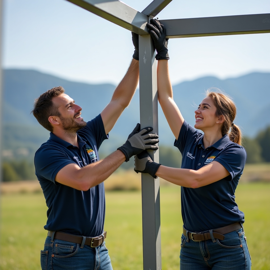 Técnicos armando la estructura de un gazebo para un evento al aire libre