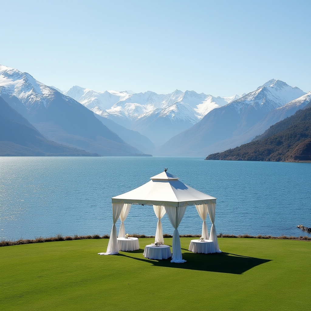 Evento al aire libre con gazebo instalado frente al lago en Villa La Angostura