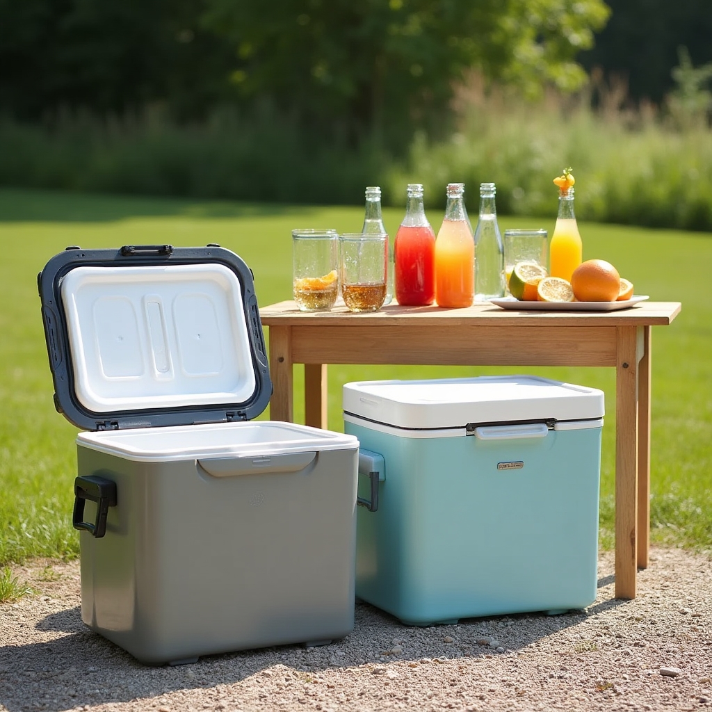 Heladeras portátiles ubicadas junto a una mesa de bebidas en un evento al aire libre